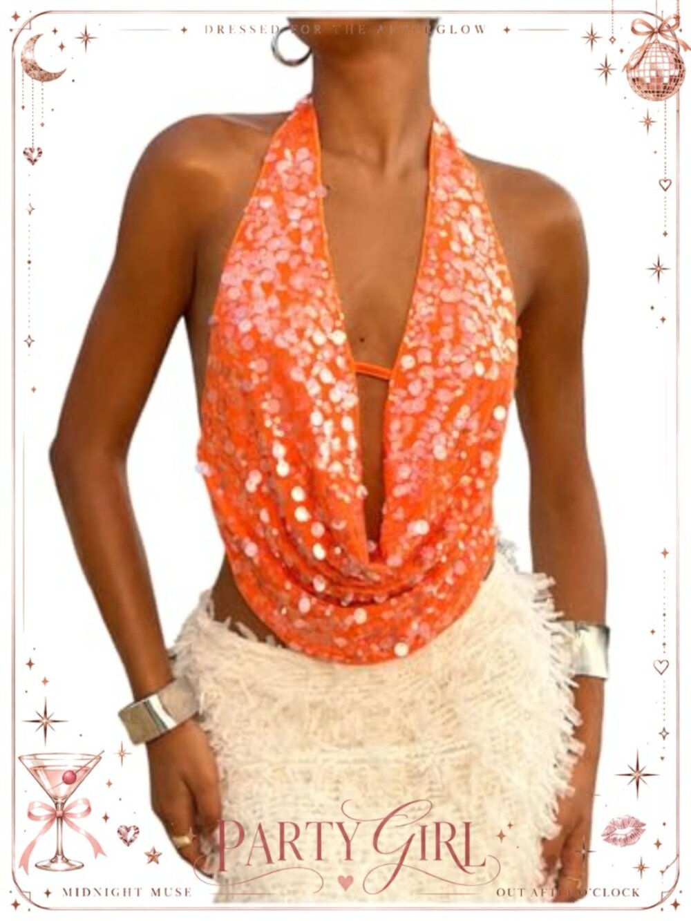 Sequin Sparkly Halter Crop Tank Top Backless Cowl Neck Clubwear Vest